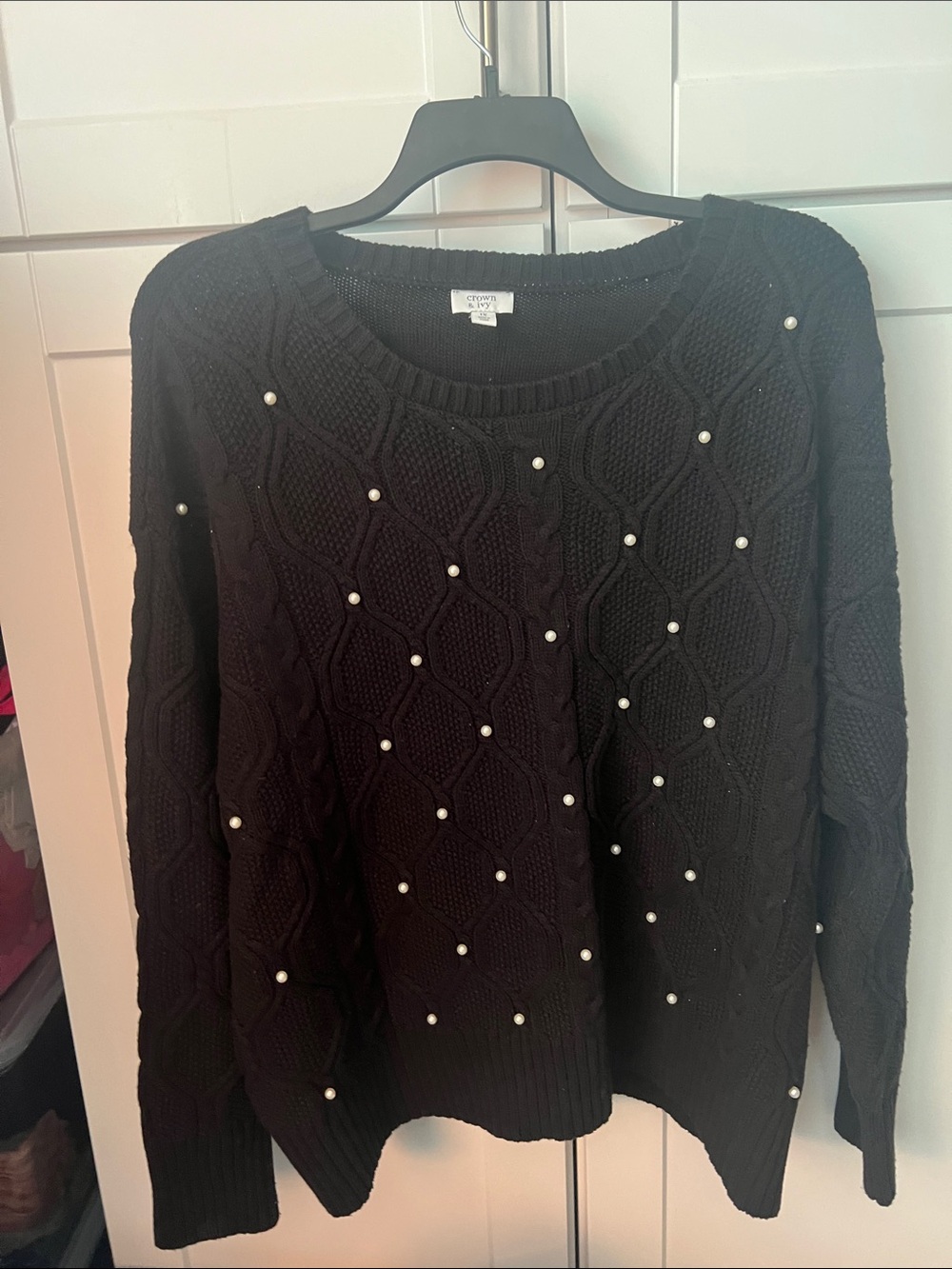 crown & ivy Black Cable Knit Sweater with Pearl Accents